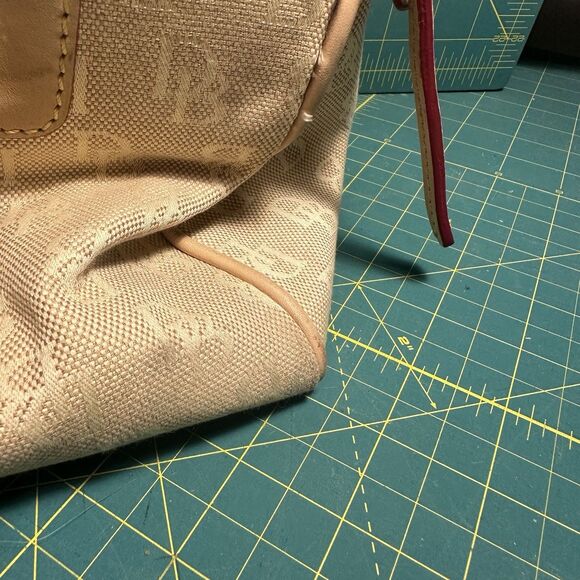 Dooney & Bourke  Medium Domed Tassel Fabric Satchel Handbag Tan Red Logo Print - Picture 8 of 14